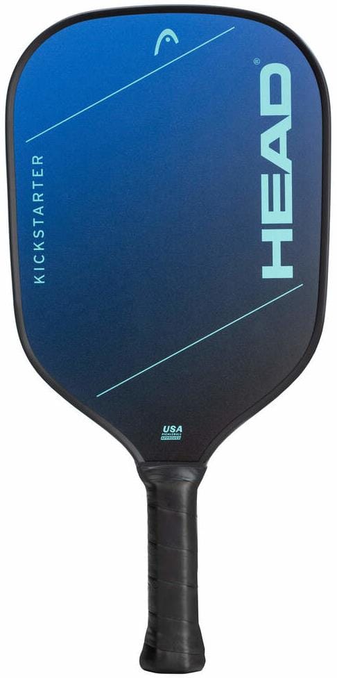 The HEAD Kickstarter Blue Pickleball Paddle features "KICKSTARTER" and "HEAD" branding on the face, a black and blue design, and a comfortable black grip handle.