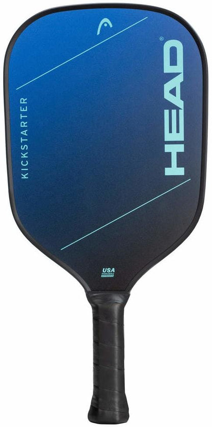 The HEAD Kickstarter Blue Pickleball Paddle features "KICKSTARTER" and "HEAD" branding on the face, a black and blue design, and a comfortable black grip handle.