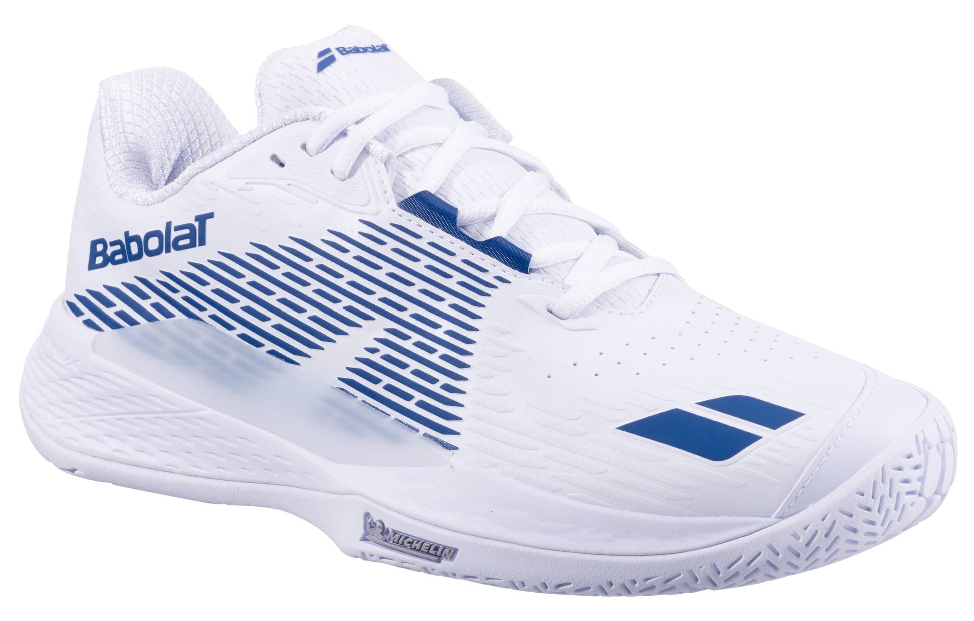 The Babolat Propulse Storm All Court Men's Tennis Shoes in white and dark blue feature a lace-up design and textured sole for enhanced stability, shown on a white background.