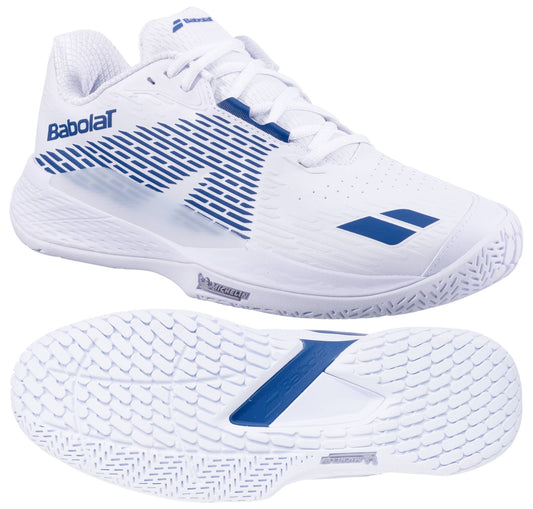 The Babolat Propulse Storm All Court Men's Tennis Shoes in white and dark blue feature a breathable upper, lace-up closure, excellent stability, and visible tread pattern and branding from side and bottom views.