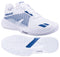 The Babolat Propulse Storm All Court Men's Tennis Shoes in white and dark blue feature a breathable upper, lace-up closure, excellent stability, and visible tread pattern and branding from side and bottom views.