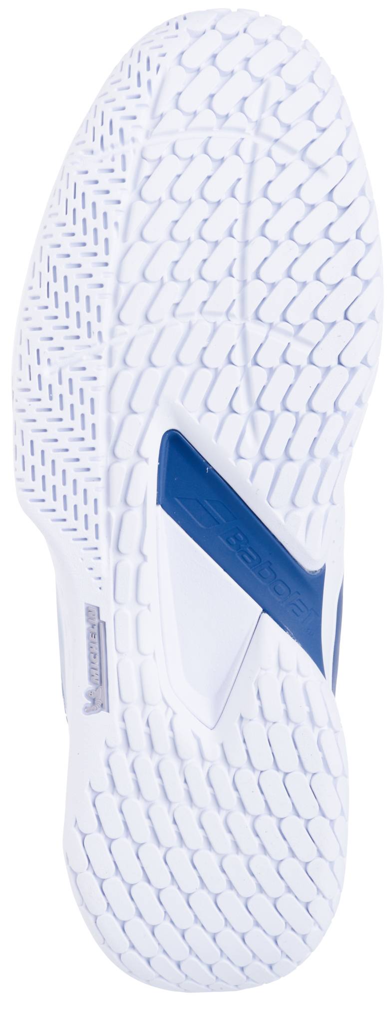 The image shows the white, textured sole of the Babolat Propulse Storm All Court Mens Tennis Shoes in White/Dark Blue, featuring a blue section, visible Babolat logo, and zigzag plus scale-like tread for grip and stability.