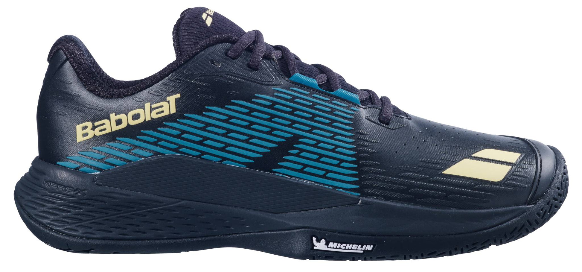 The Babolat Propulse Storm All Court Men's Tennis Shoes in Black/Blue feature a textured sole, Michelin side branding, and are designed for excellent stability on all surfaces.