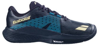 The Babolat Propulse Storm All Court Men's Tennis Shoes in Black/Blue feature a textured sole, Michelin side branding, and are designed for excellent stability on all surfaces.