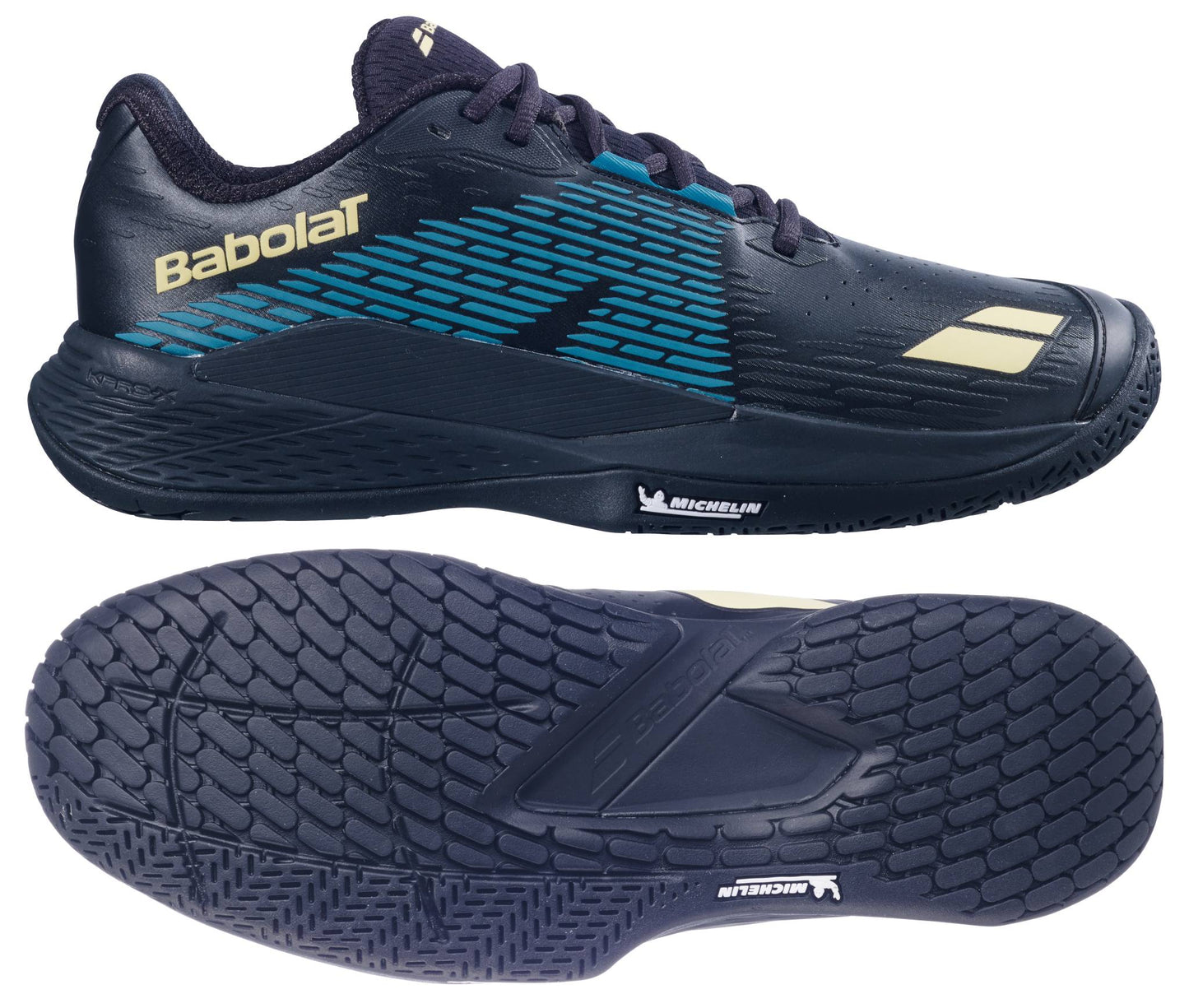 The Babolat Propulse Storm All Court Men's Tennis Shoes in black and blue are shown from the side and bottom, highlighting their tread patterns and Michelin branding—ideal for all court play.