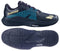 The Babolat Propulse Storm All Court Men's Tennis Shoes in black and blue are shown from the side and bottom, highlighting their tread patterns and Michelin branding—ideal for all court play.