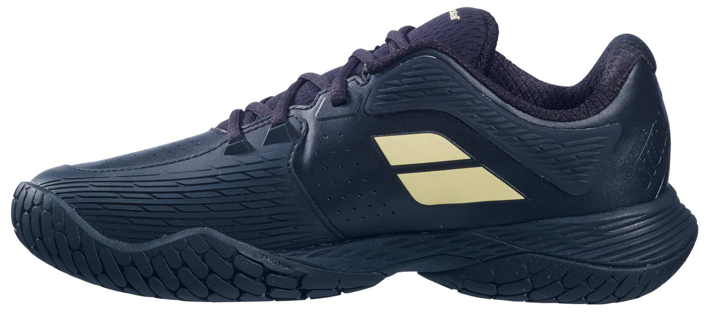 The Babolat Propulse Storm All Court Men's Tennis Shoes by Babolat feature a navy and black design, textured sole and side, two cream diagonal stripes, and a padded collar for comfort.