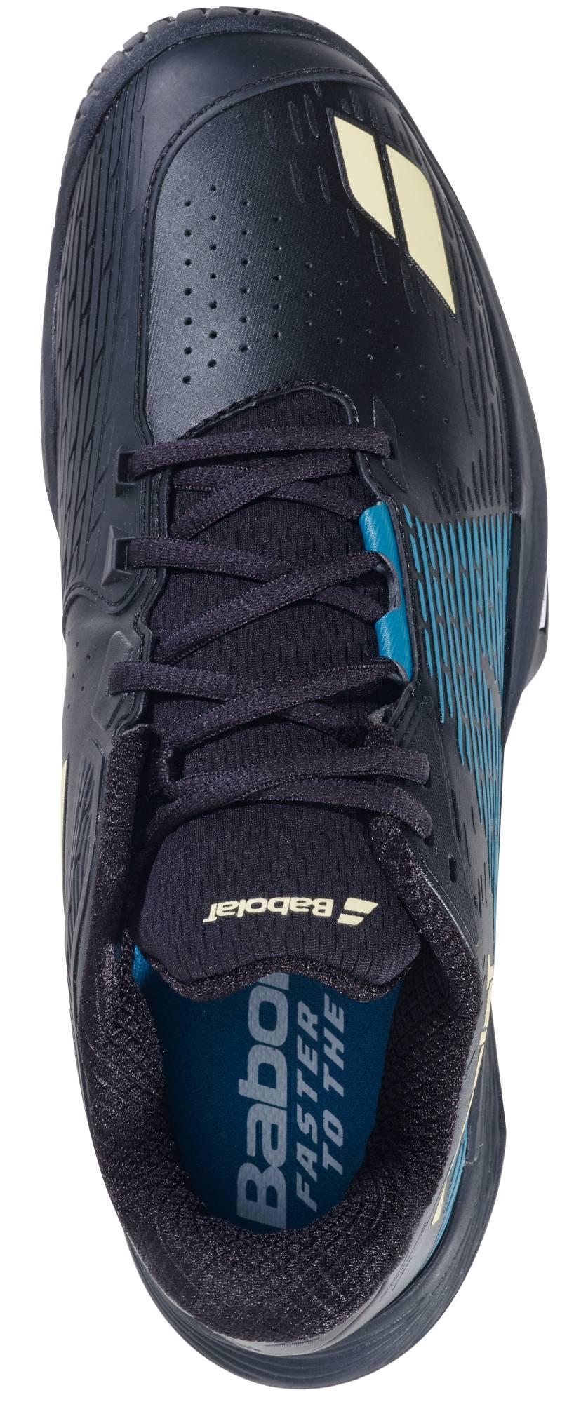 Top view of the Babolat Propulse Storm All Court Men’s Tennis Shoes in black/blue by Babolat, featuring cream logo accents, "Babolat Faster to the" on the insole, and a secure lace-up design for stability.