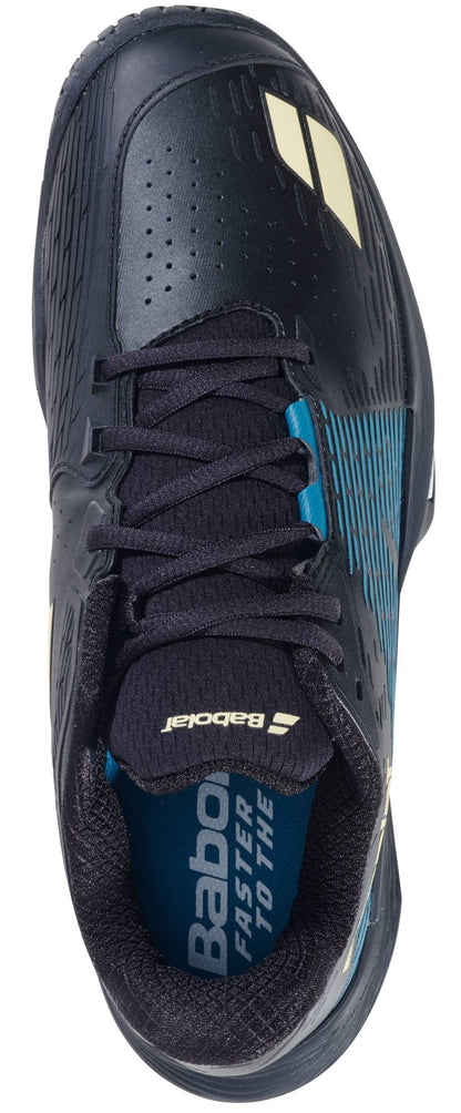 Top view of the Babolat Propulse Storm All Court Men’s Tennis Shoes in black/blue by Babolat, featuring cream logo accents, "Babolat Faster to the" on the insole, and a secure lace-up design for stability.