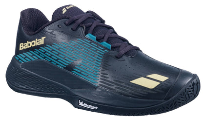 The Babolat Propulse Storm All Court Men's Tennis Shoes in black and blue feature light yellow Babolat logos, blue side accents, and a black Michelin sole—ideal for all court play.