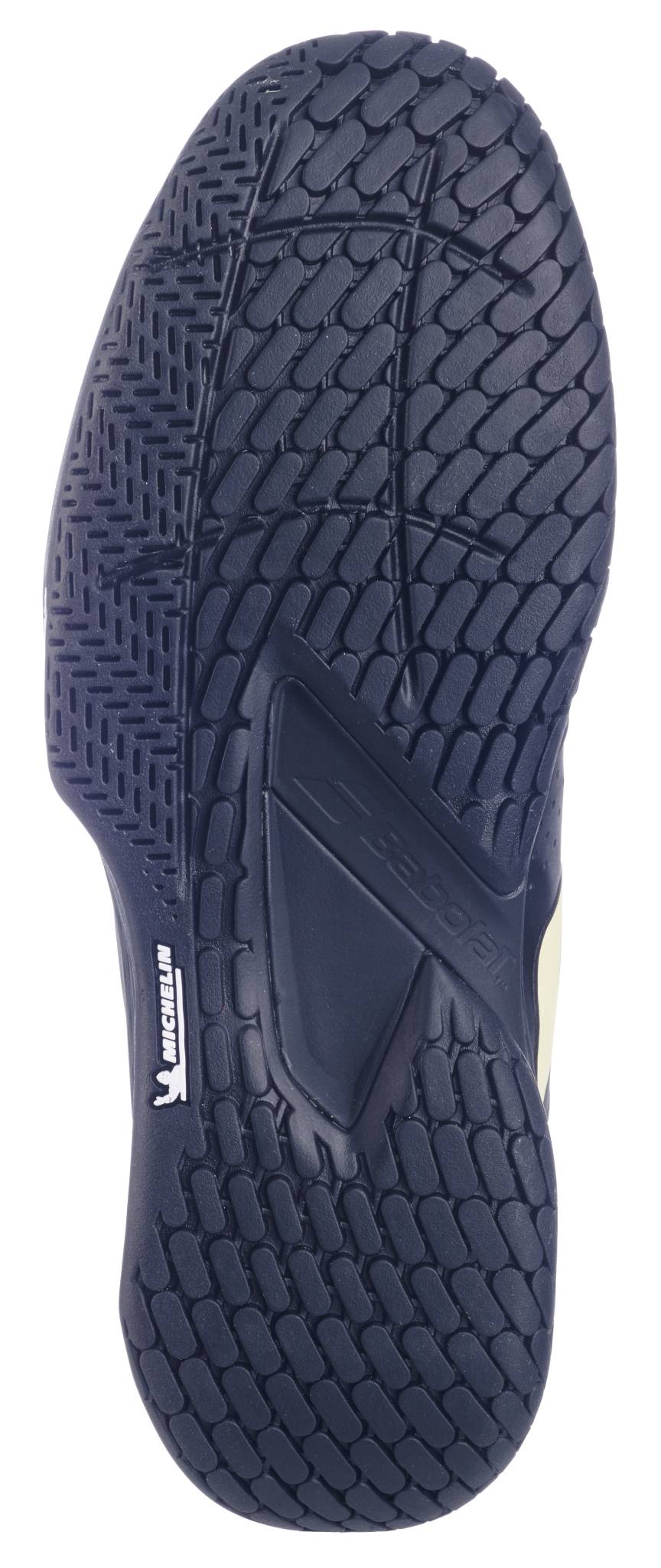 Close-up of the black and blue Babolat Propulse Storm All Court Men's Tennis Shoe sole with Michelin logo, showing its textured tread designed for traction, stability, and durability.