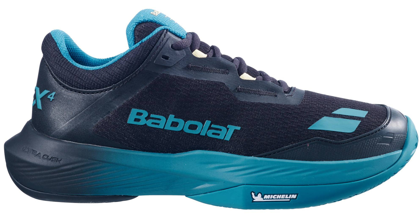 The Babolat SFX 4 All Court Men's Tennis Shoes in black and blue feature a thick sole, blue inner lining, and prominent Babolat and Michelin logos, offering standout style and comfort for all-court tennis play.