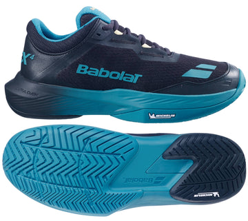 The Babolat SFX 4 All Court Men's Tennis Shoes in Black/Blue feature visible "Babolat" branding and a textured Michelin sole, shown from the side and bottom, for enhanced comfort and durability on court.