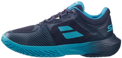 The Babolat SFX 4 All Court Men's Tennis Shoes by Babolat feature a black and blue design with a textured sole, mesh upper, and stylized logo. Designed for comfort and performance, they include blue accents on the bottom, collar, and tongue.