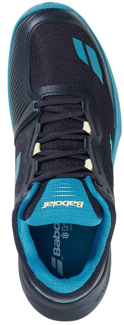 Top view of the Babolat SFX 4 All Court Men's Tennis Shoes in black and blue from Babolat, featuring turquoise accents, black laces, a textured mesh upper, and visible "Babolat" branding on the tongue and insole for added comfort.