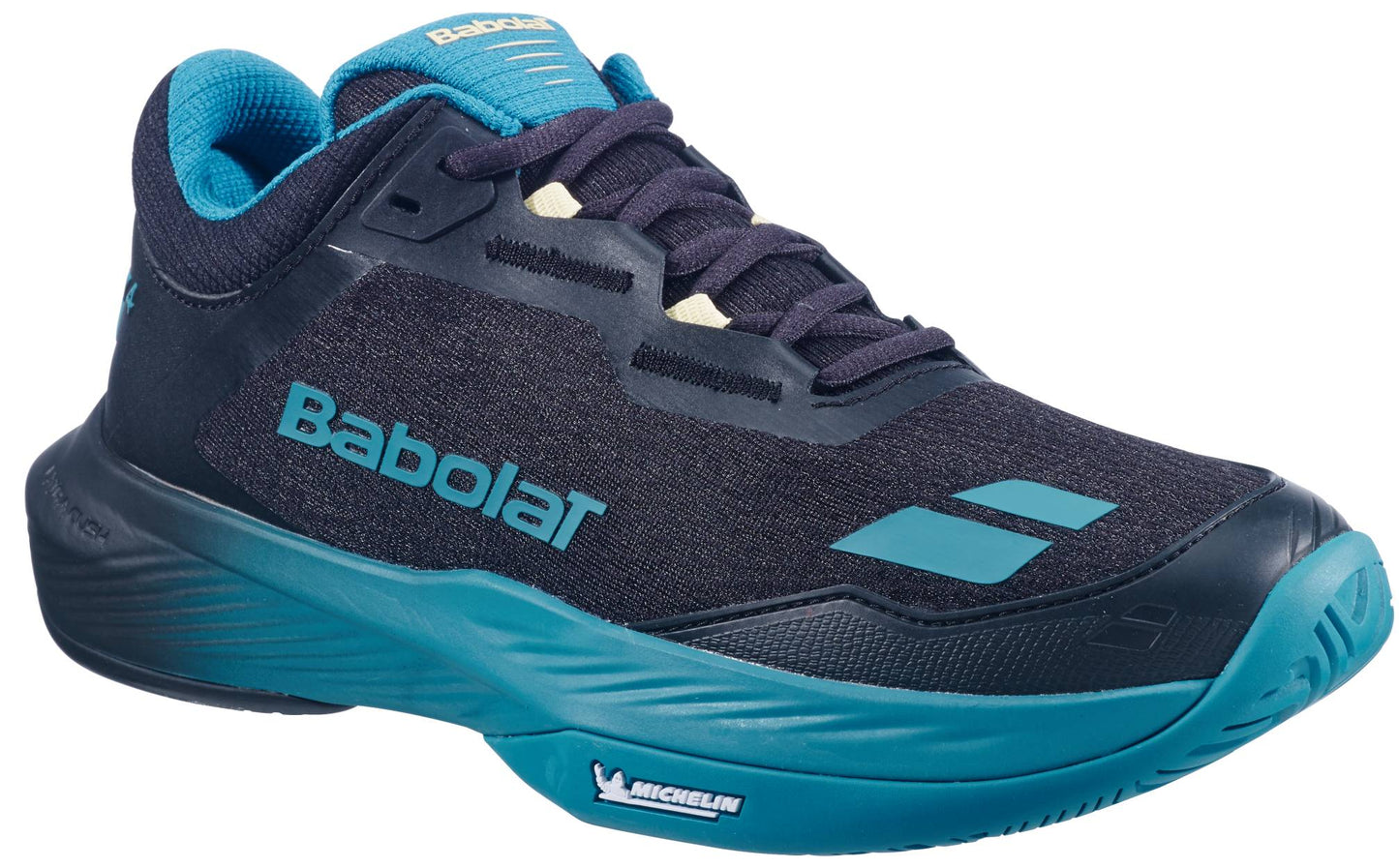 The Babolat SFX 4 All Court Men's Tennis Shoes in black and blue feature blue laces, the Babolat logo on the side, a Michelin logo on the sole, and are designed for exceptional comfort on all court surfaces.