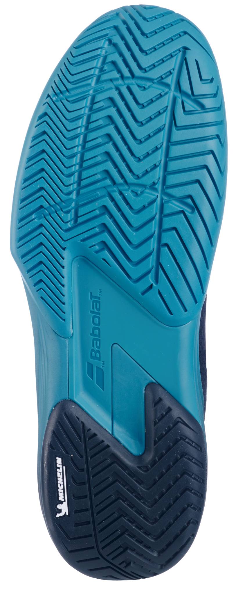 The image displays the blue rubber outsole of the Babolat SFX 4 All Court Men's Tennis Shoes (Black/Blue), featuring a herringbone tread and Michelin branding near the heel for superior traction and durability.