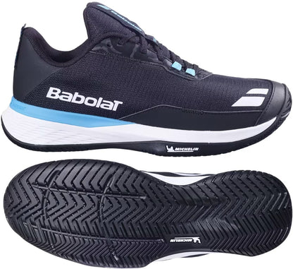 A pair of Babolat SFX EVO All Court Men’s Tennis Shoes in black and blue, featuring white and light blue accents, are displayed from the side and bottom to showcase the Babolat logo, design details, and tread pattern.