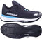 A pair of Babolat SFX EVO All Court Men’s Tennis Shoes in black and blue, featuring white and light blue accents, are displayed from the side and bottom to showcase the Babolat logo, design details, and tread pattern.