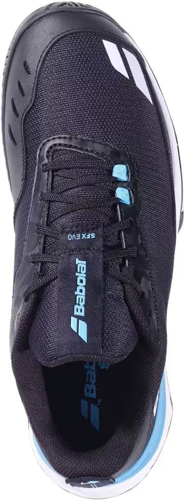 Top view of the Babolat SFX EVO All Court Men's Tennis Shoe in Black/Blue, featuring light blue accents, white Babolat logos, and black laces. This shoe showcases breathable mesh fabric with synthetic overlays and prominent "Babolat" branding on the tongue. Engineered for versatility and performance across all court surfaces, it blends style and function for every match.