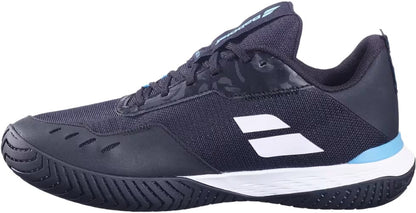 The Babolat SFX EVO All Court Men's Tennis Shoes in Black and Blue feature a black athletic design with white accents, a white and blue sole, and a textured black outsole. Shown in a side profile against a white background, these all court tennis shoes from Babolat combine stylish looks with high-performance support for every match.