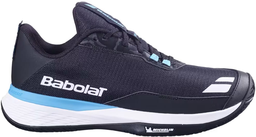 The Babolat SFX EVO All Court Men's Tennis Shoe in black and blue features light blue and white accents, a mesh-like upper, and a Michelin logo on the sole, all designed for versatile performance on all court surfaces.