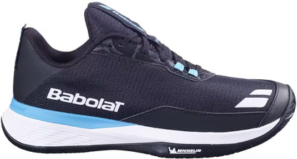 The Babolat SFX EVO All Court Men's Tennis Shoe in black and blue features light blue and white accents, a mesh-like upper, and a Michelin logo on the sole, all designed for versatile performance on all court surfaces.