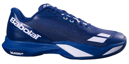 The Babolat Jet Mach 4 All Court Men's Tennis Shoes in dark blue and white feature a white side logo, Michelin sole branding, and a low-profile lace-up design for responsive agility.