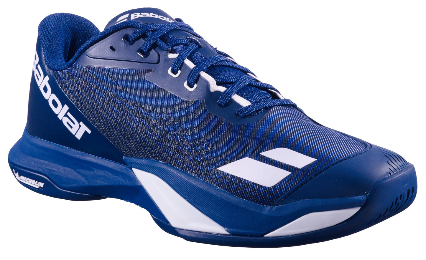 The Babolat Jet Mach 4 All Court Men's Tennis Shoes in Dark Blue/White feature a mesh upper, lace-up design, and Babolat logos on the side and tongue—built for agility and performance on court.