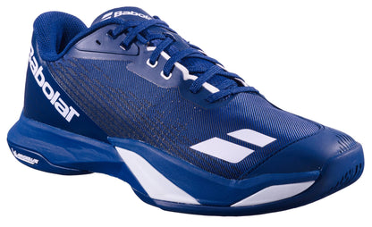 The Babolat Jet Mach 4 All Court Men's Tennis Shoes in Dark Blue/White feature a mesh upper, lace-up design, and Babolat logos on the side and tongue—built for agility and performance on court.