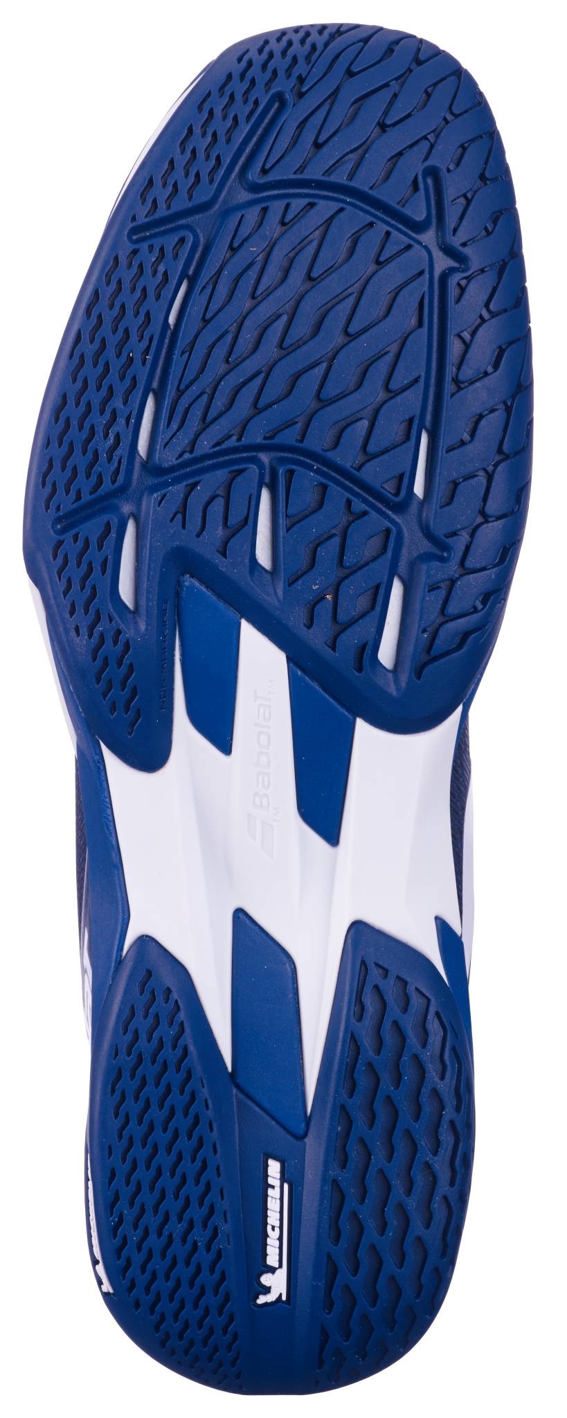 The Babolat Jet Mach 4 All Court Men's Tennis Shoes in dark blue/white feature a textured rubber sole with tread patterns and a Michelin logo, engineered for responsive agility, superior traction, and durability.