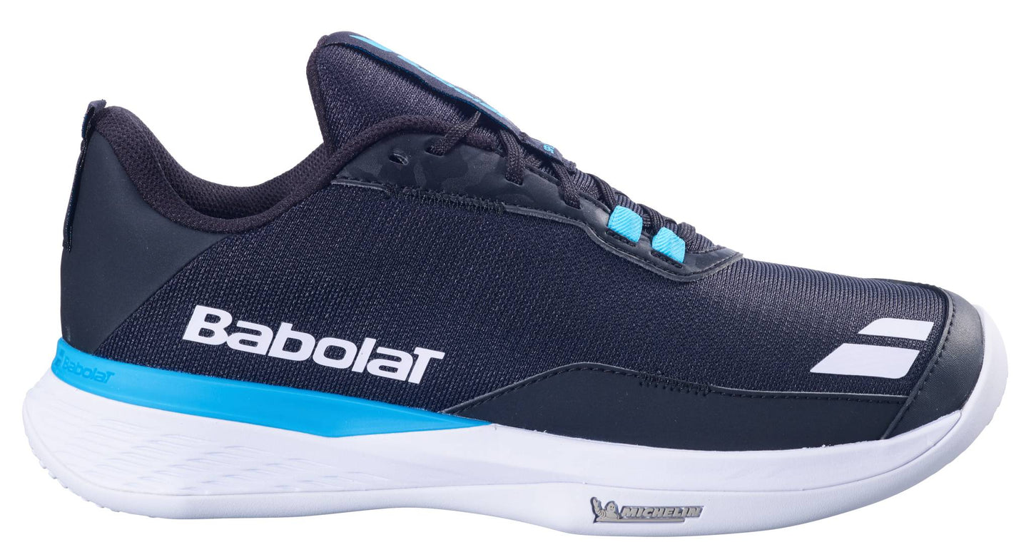 The Babolat SFX EVO All Court Men's Tennis Shoe in black/blue features white branding, a white stripe detail, and a durable Michelin-designed white and blue sole, shown in side profile.