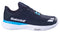 The Babolat SFX EVO All Court Men's Tennis Shoe in black/blue features white branding, a white stripe detail, and a durable Michelin-designed white and blue sole, shown in side profile.