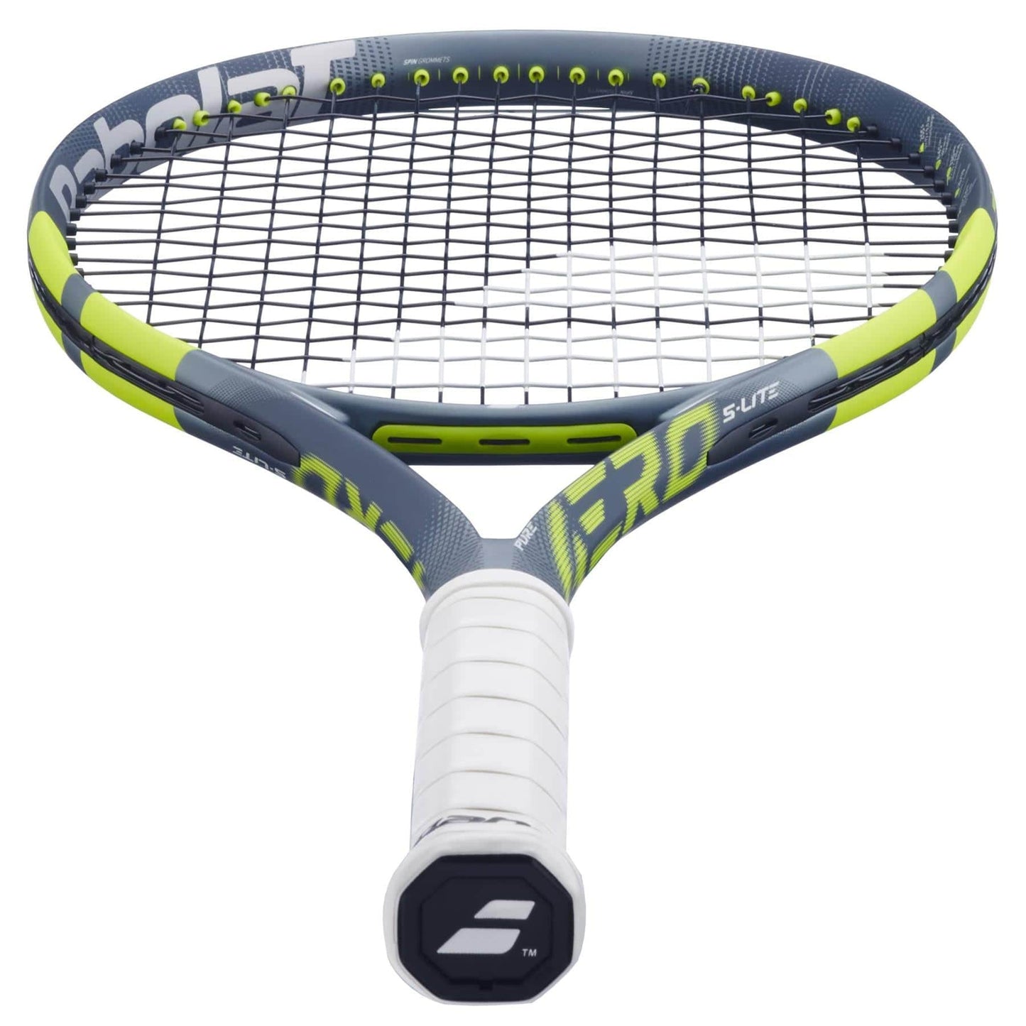 A close-up of the lightweight Babolat Pure Aero Lite 2026 tennis racket by Babolat, featuring a white grip, gray and yellow frame, and black strings, positioned handle forward for spin-friendly play.
