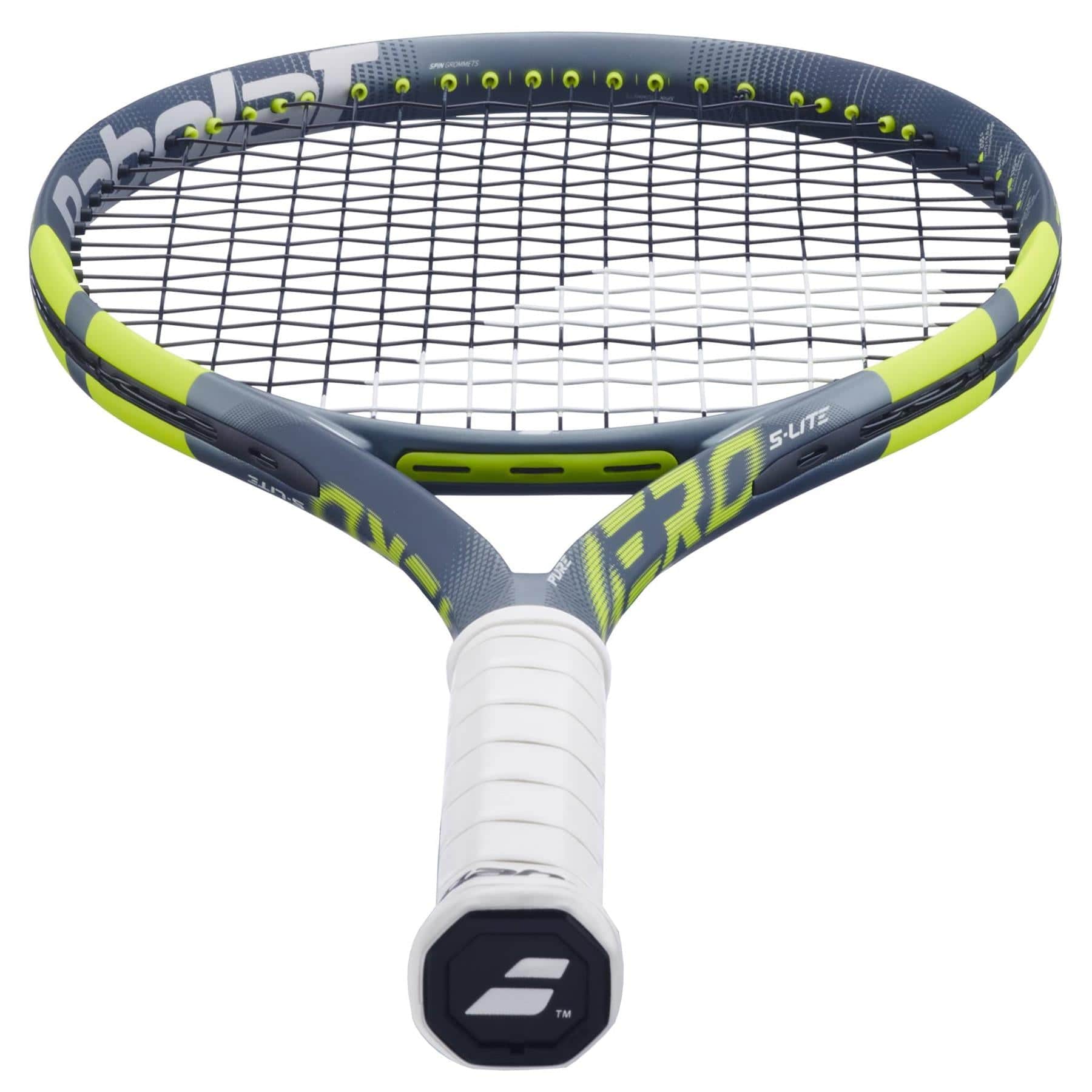 A close-up of the lightweight Babolat Pure Aero Lite 2026 tennis racket by Babolat, featuring a white grip, gray and yellow frame, and black strings, positioned handle forward for spin-friendly play.