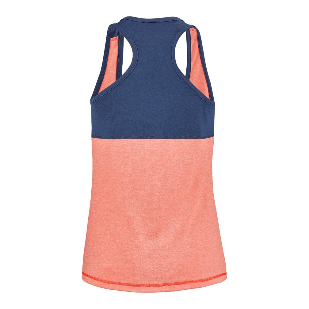 The Babolat Play Women's Tennis Tank Top in Fluo Strike and Estate Blue features a sleeveless, color-block design with dark blue on top and orange below. Made from Fiber Dry polyester, it offers excellent freedom of movement. Its racerback style includes wide armholes for maximum comfort and performance.