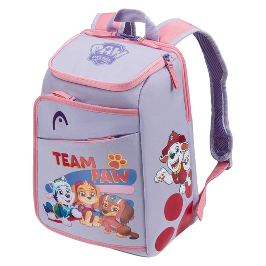 The HEAD x Paw Patrol Kids Tennis Backpack in purple by HEAD features "TEAM PAW" and images of Everest, Skye, and Marshall—perfect as a junior tennis racket bag or kids’ backpack.