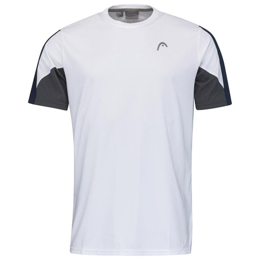 Introducing the HEAD Club 22 Men's Tech Tennis T-Shirt by HEAD, showcasing a white body with dark blue sleeves and a small logo on the chest. With its contrasting panels for a stylish appearance, this design incorporates Moisture Transfer Microfiber technology, perfect for both sports and casual wear.