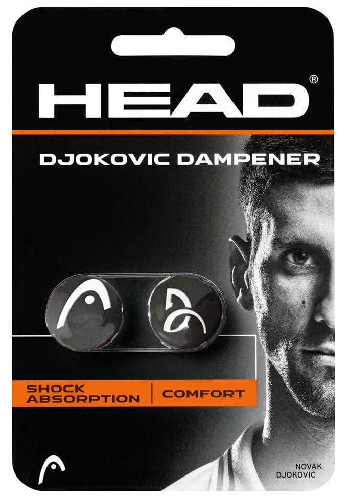 Retail packaging for HEAD Djokovic Tennis Dampener (2 Pack) - Black features two dampeners, the HEAD logo, a partial black-and-white image of Djokovic, and text: “Shock Absorption | Comfort” and “NOVAK DJOKOVIC” for added arm protection.