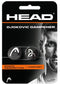 Retail packaging for HEAD Djokovic Tennis Dampener (2 Pack) - Black features two dampeners, the HEAD logo, a partial black-and-white image of Djokovic, and text: “Shock Absorption | Comfort” and “NOVAK DJOKOVIC” for added arm protection.