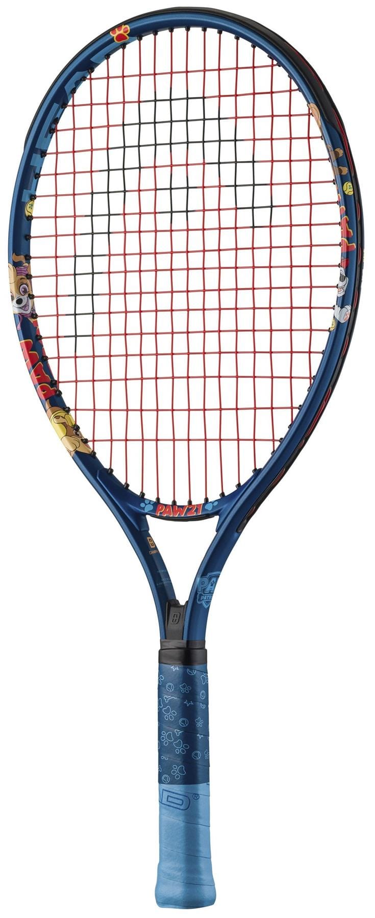 The HEAD x Paw Patrol 21 Junior Tennis Racket - Blue features cartoon character graphics, red and black strings, and a light blue grip—ideal for young players.