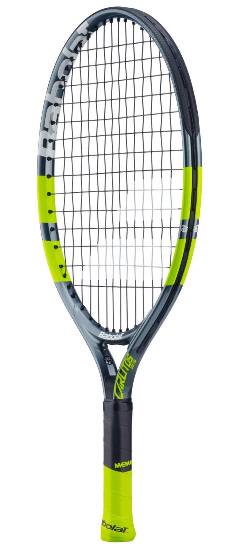 The Babolat Carlitos Junior 19 Tennis Racket by Babolat features a black and neon yellow frame, black strings, and a neon yellow grip, displayed against a white background.