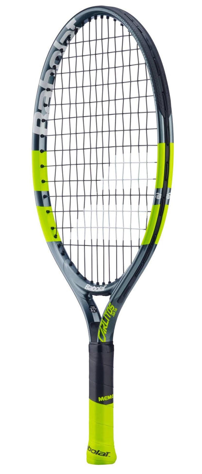 The Babolat Carlitos Junior 19 Tennis Racket by Babolat features a black and neon yellow frame, black strings, and a neon yellow grip, displayed against a white background.