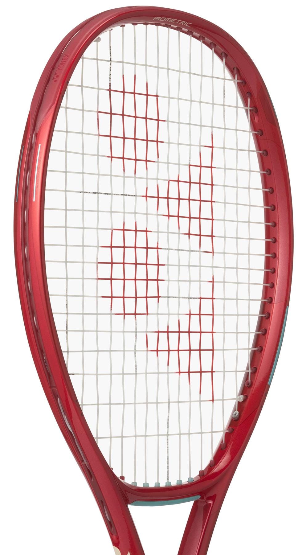 A close-up of the Yonex VCORE 100 Ruby Red 2026 Tennis Racket, featuring white strings and a red geometric center pattern, designed by Yonex to maximize spin.