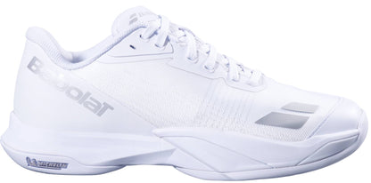The Babolat Jet Mach 4 All Court Women's Tennis Shoes in White/Silver feature a low profile, mesh upper, rubber sole for agility, and display the Babolat logo on the side and Michelin logo on the heel of the sole.