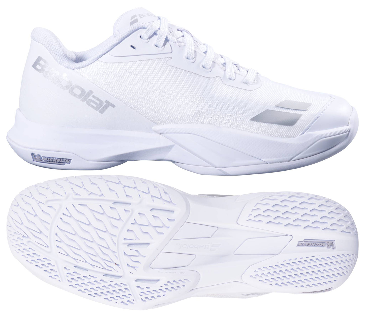 The Babolat Jet Mach 4 All Court Women's Tennis Shoes in white and silver are shown from the side and bottom, highlighting sleek design, textured soles for agility, and signature silver Babolat branding on the side and tongue.