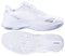 The Babolat Jet Mach 4 All Court Women's Tennis Shoes in white and silver are shown from the side and bottom, highlighting sleek design, textured soles for agility, and signature silver Babolat branding on the side and tongue.