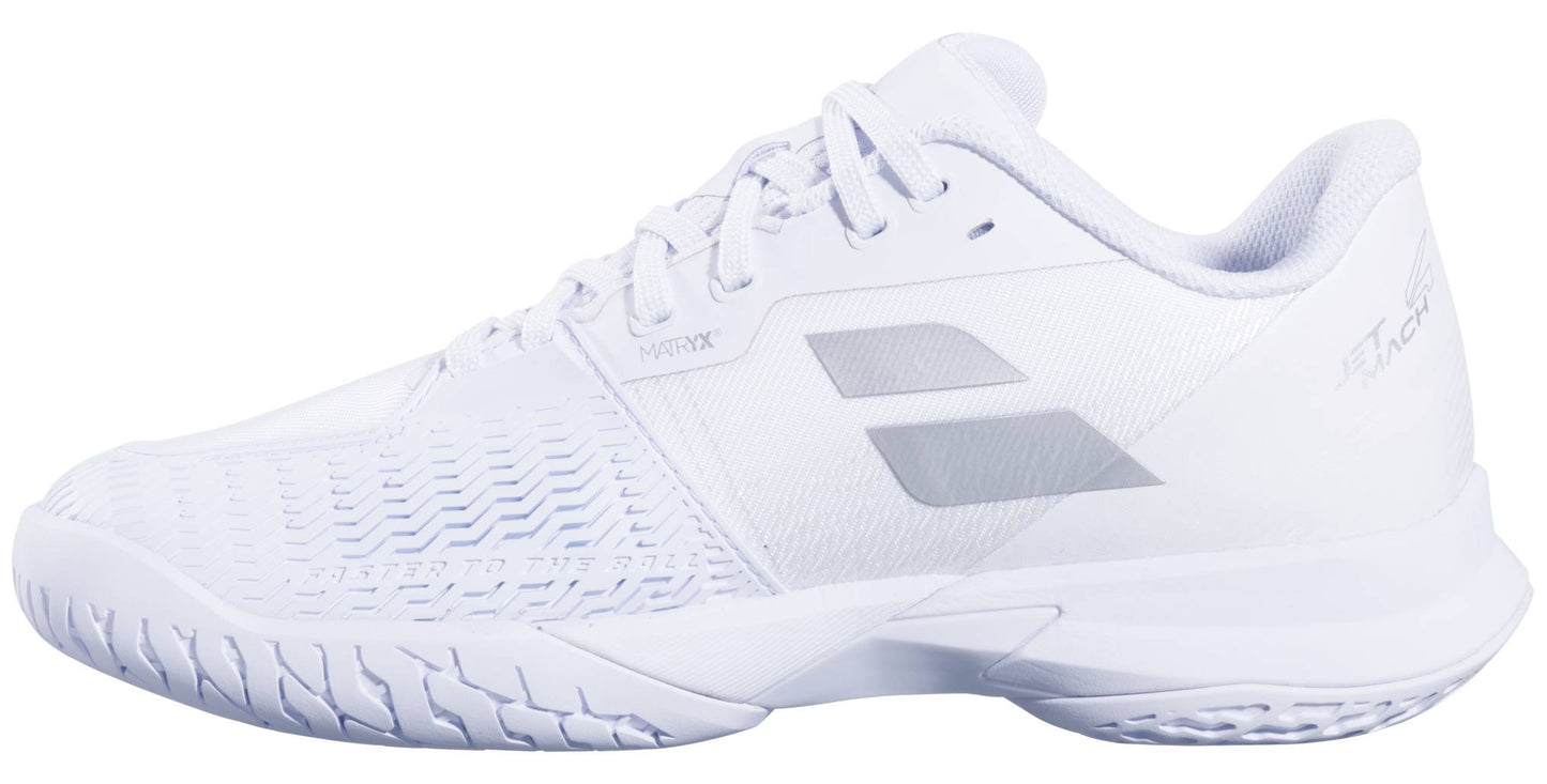 The Babolat Jet Mach 4 All Court Women's Tennis Shoes in White/Silver feature angular accents, a textured outsole, mesh-like front detailing, and a low-cut, agile design for support and performance.