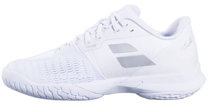 The Babolat Jet Mach 4 All Court Women's Tennis Shoes in White/Silver feature angular accents, a textured outsole, mesh-like front detailing, and a low-cut, agile design for support and performance.