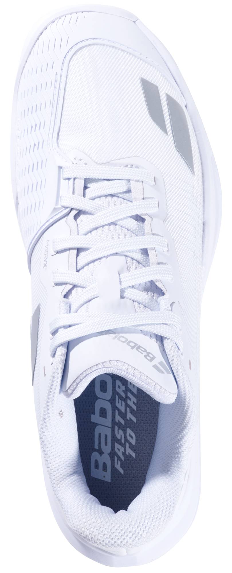 Top view of the Babolat Jet Mach 4 All Court Women’s Tennis Shoe in white/silver, featuring laces, a mesh toe for agility, and "Babolat" printed on the insole.